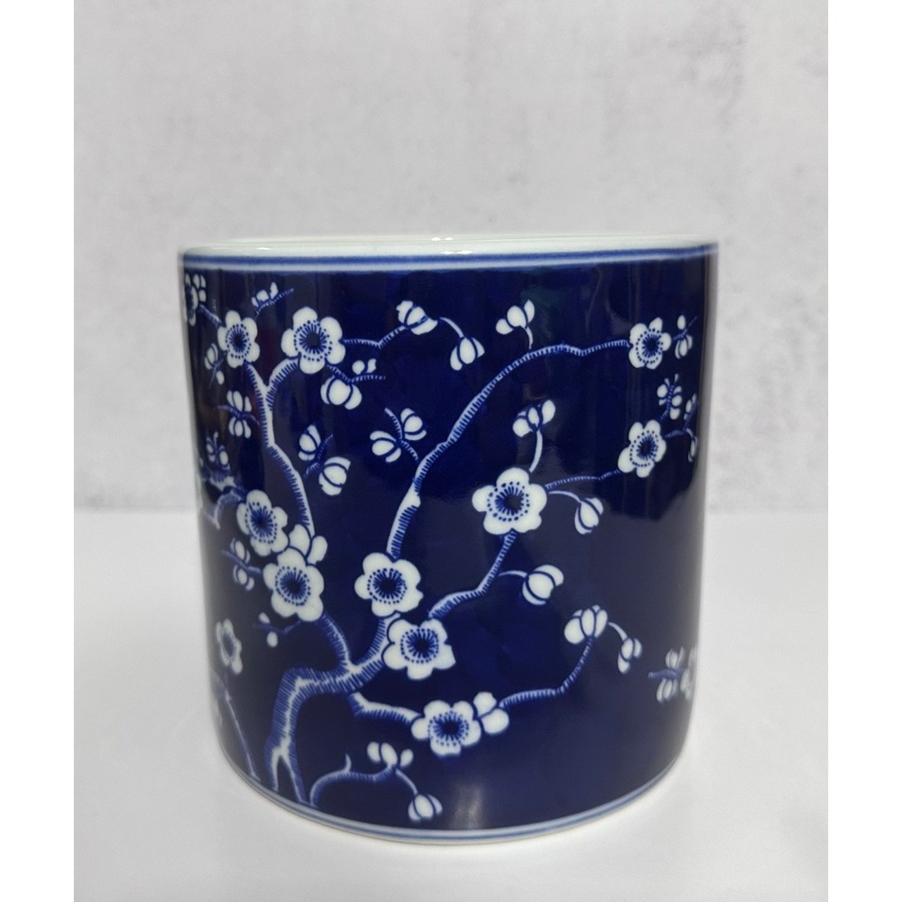 Williams Sonoma Japanese Garden Blue Glossy Porcelain Utensil Holder 5 7/8" Tall